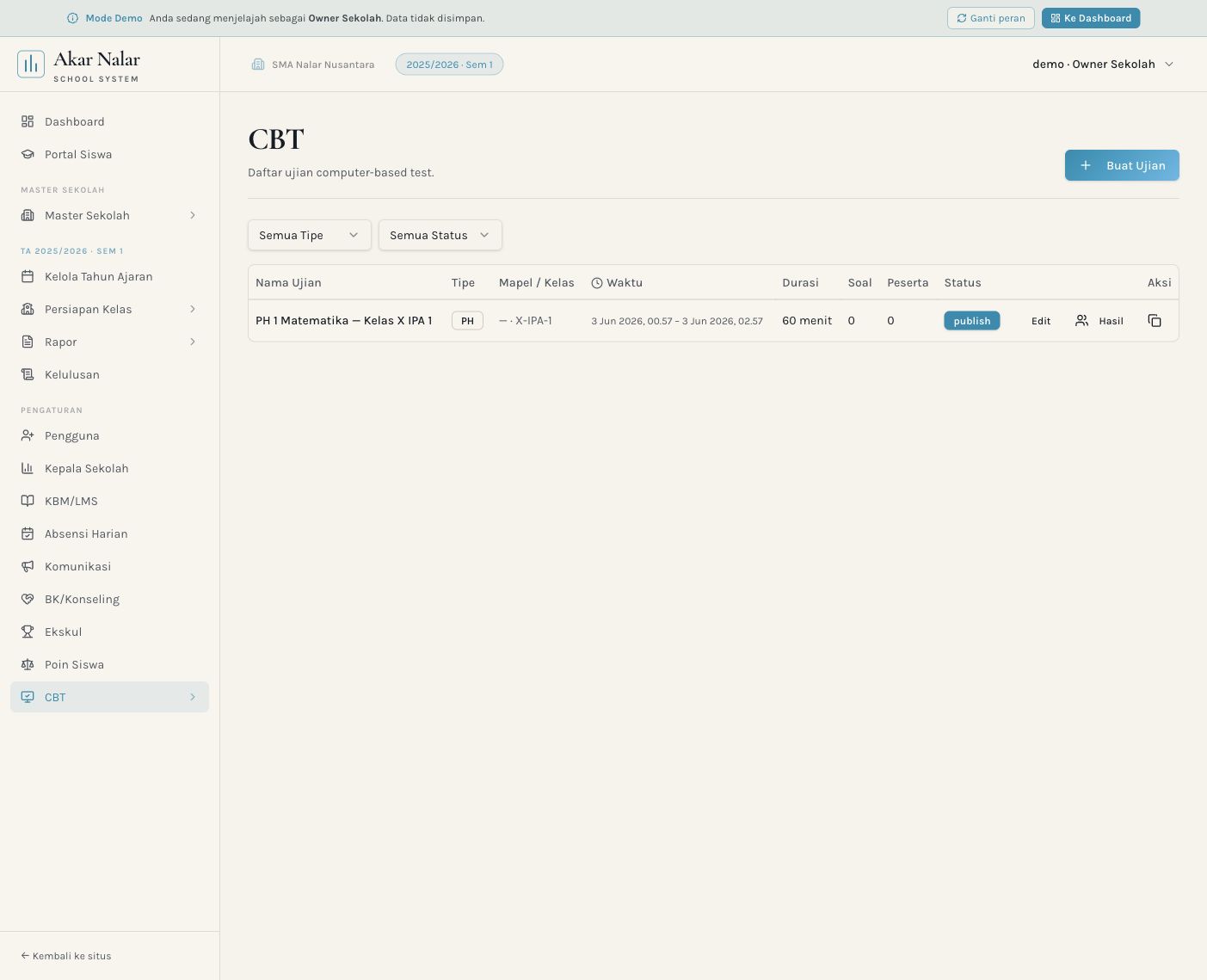 Screenshot demo CBT sebagai bagian dari alur PPDB pada Akar Nalar
