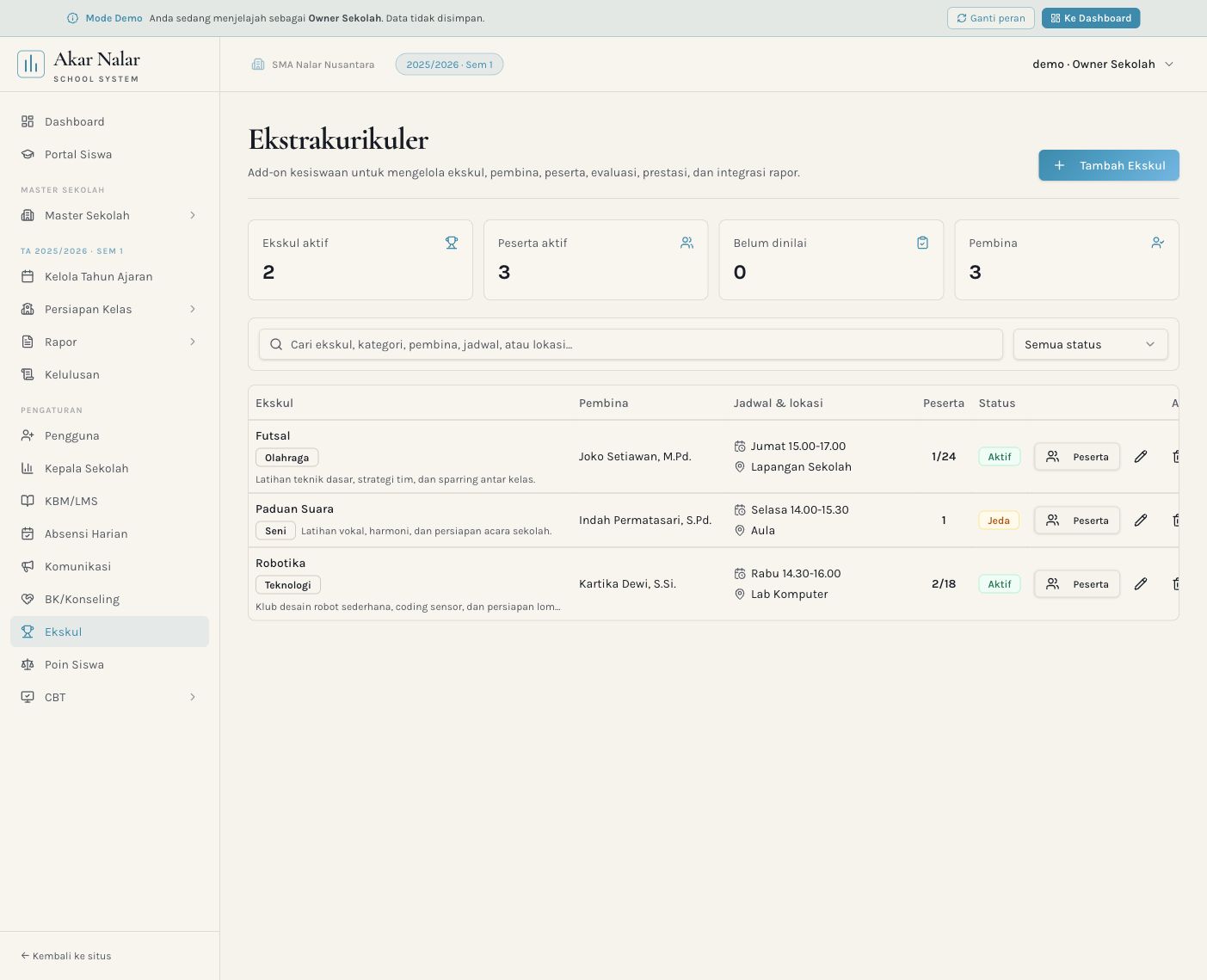 Screenshot demo ekstrakurikuler pada Akar Nalar