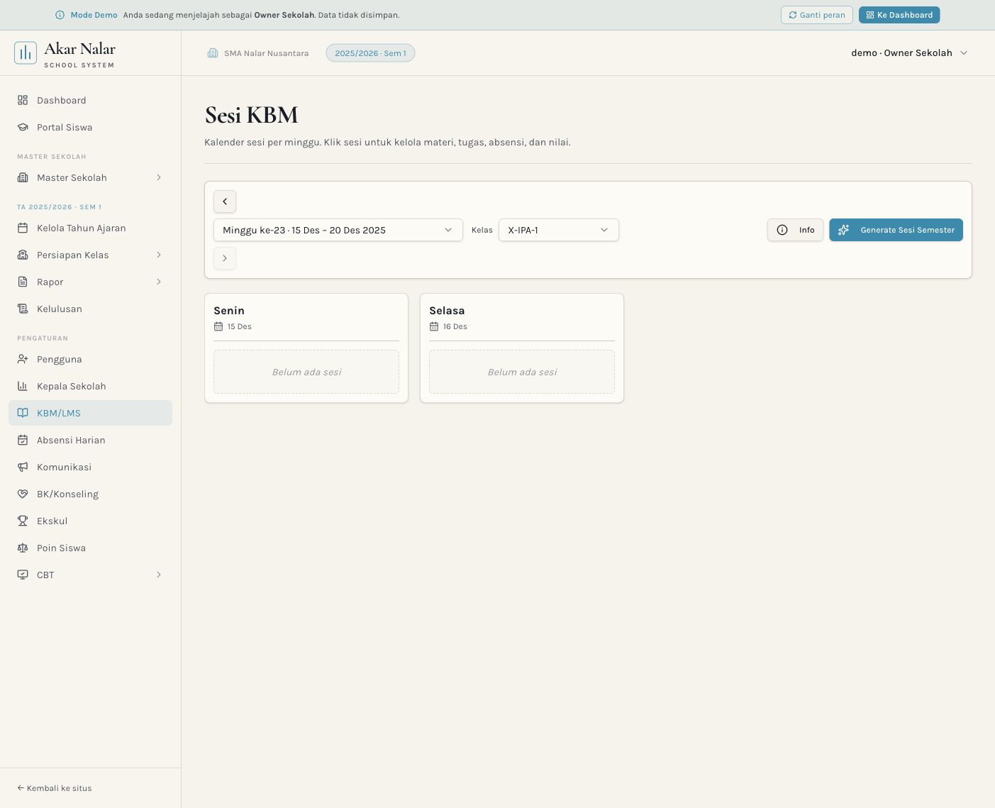 Screenshot demo KBM dan LMS pada Akar Nalar