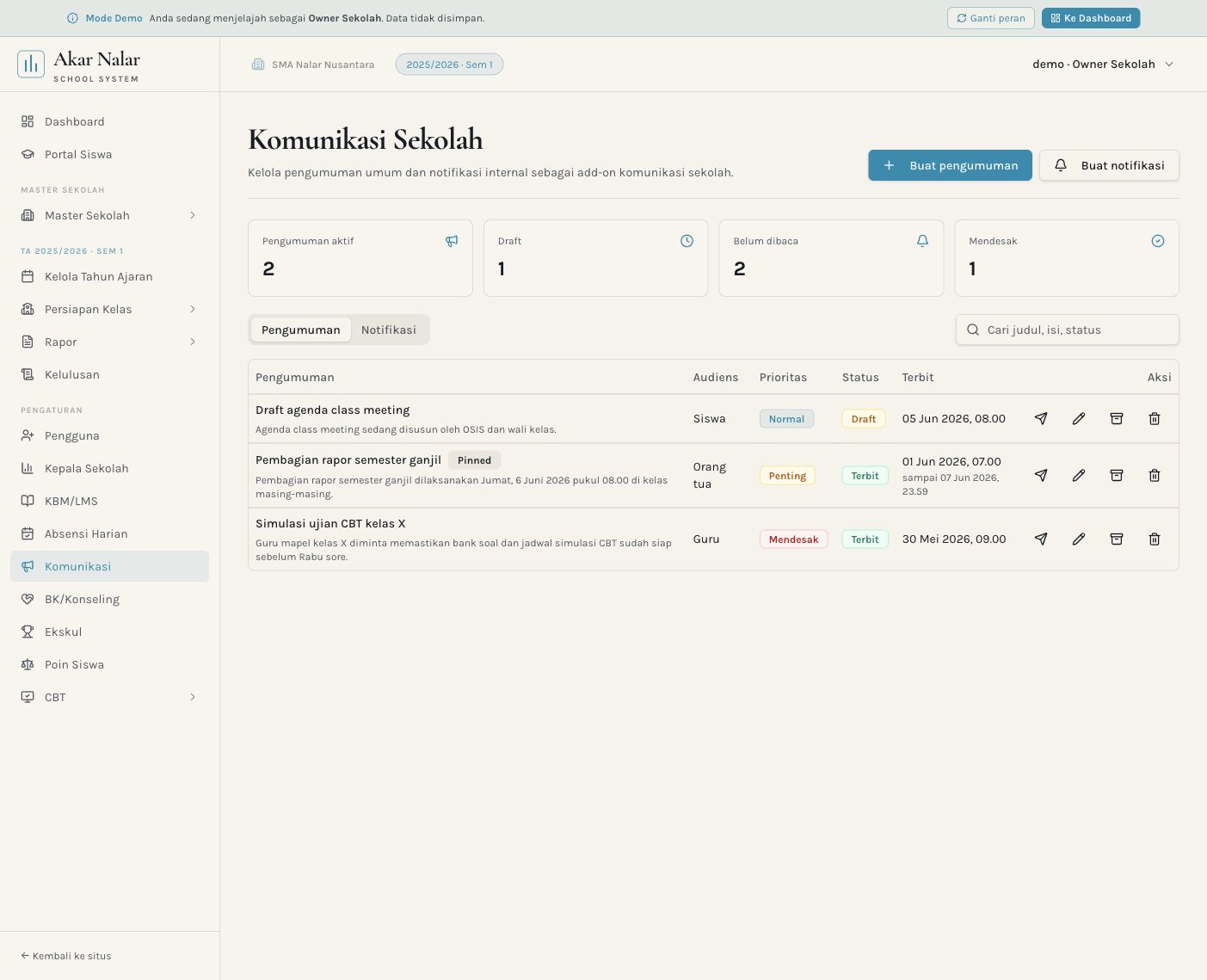 Screenshot demo komunikasi sekolah pada Akar Nalar