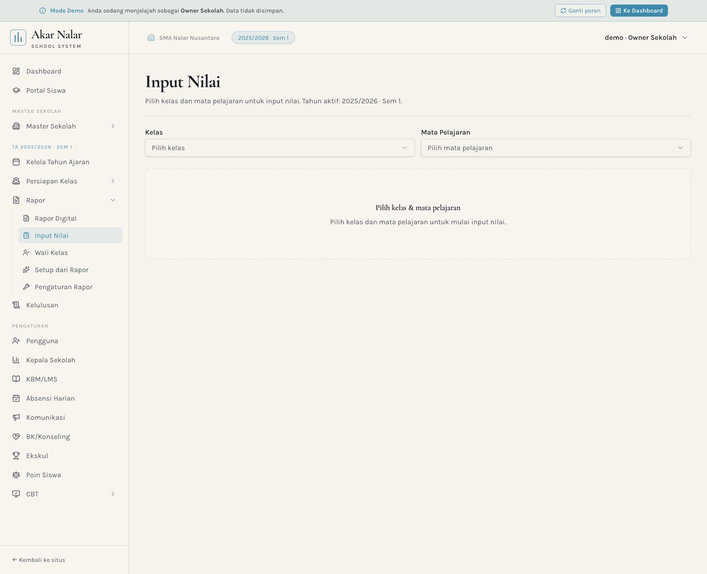 Screenshot demo input nilai pada Akar Nalar