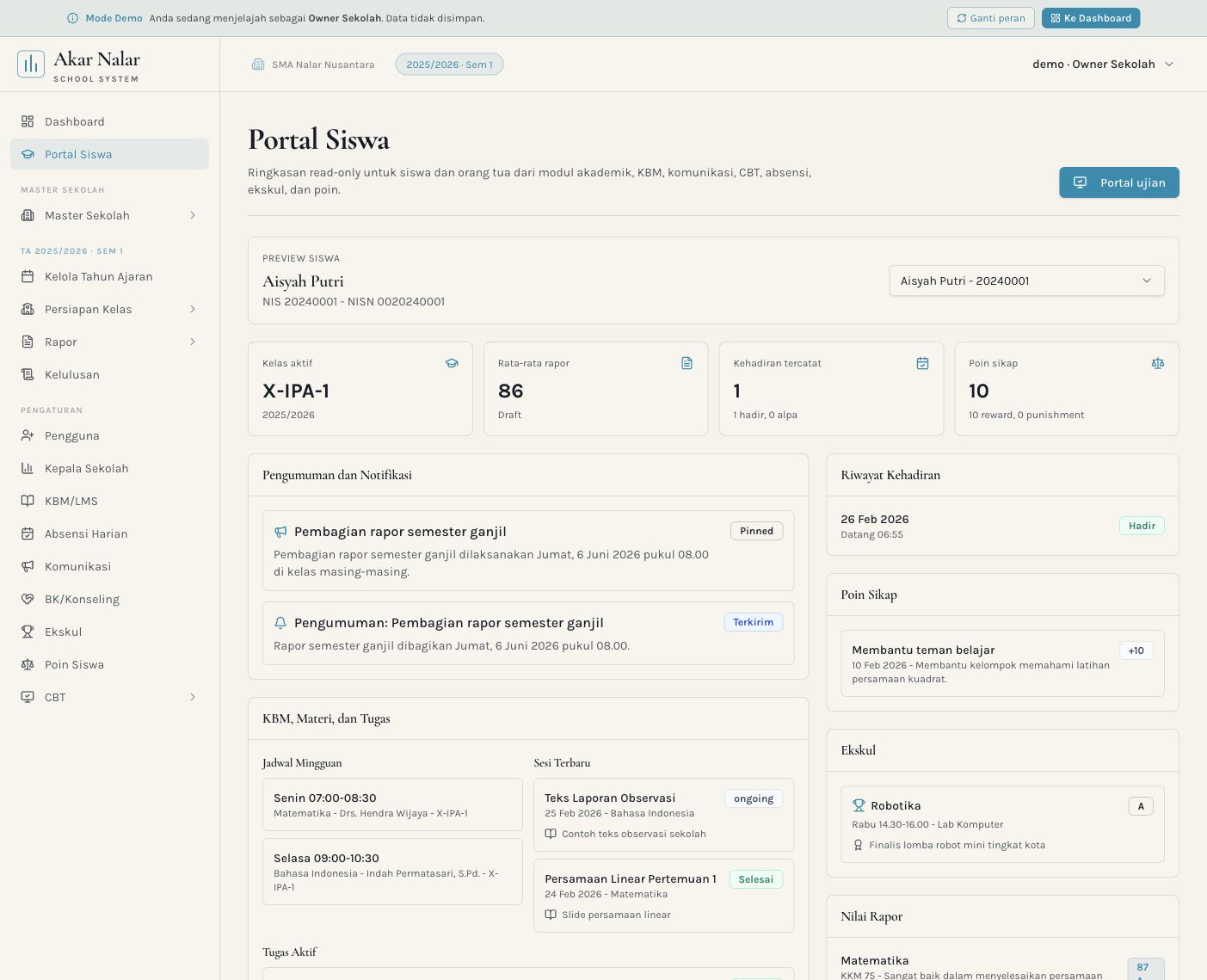 Screenshot demo portal murid dan orang tua pada Akar Nalar
