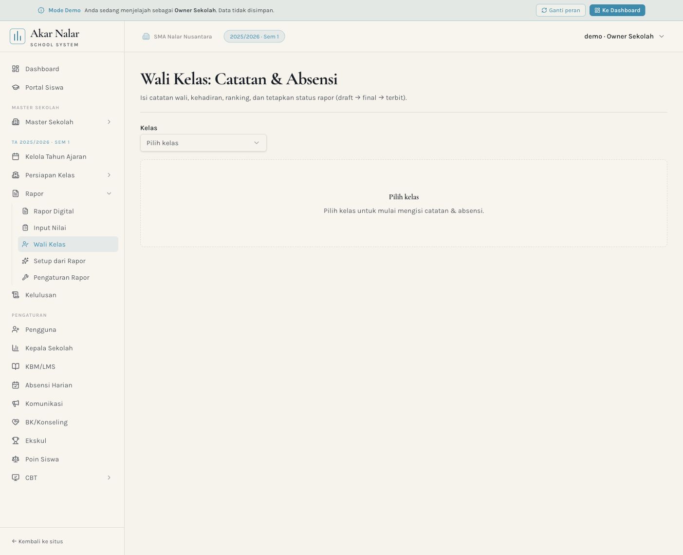 Screenshot demo rapor wali kelas pada Akar Nalar